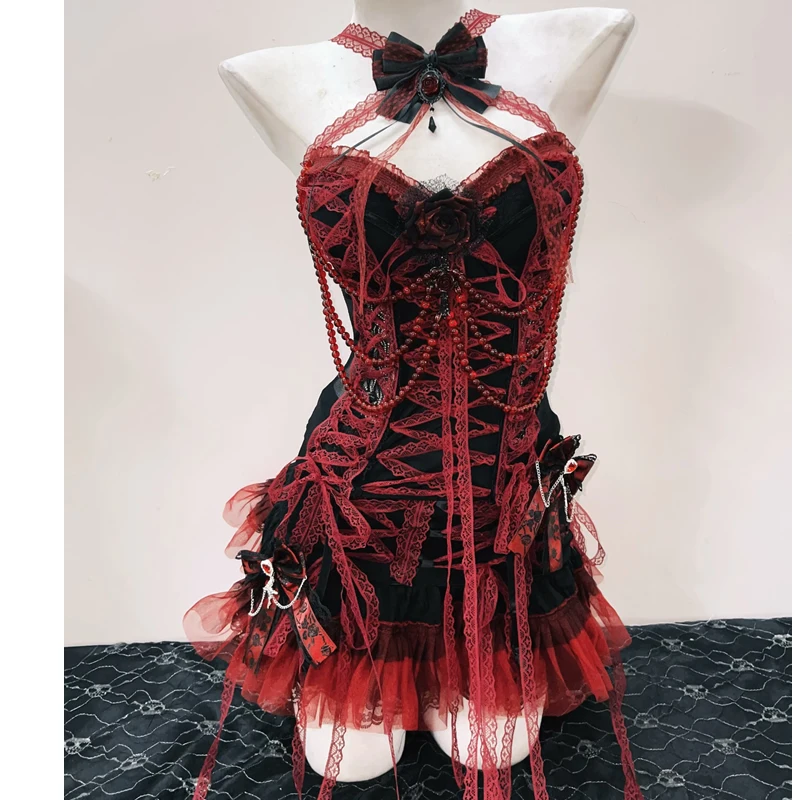 

Готический сексуальный жилет с кружевным ремешком для девочек, жилет из бисера в стиле панк-рок, юбка средней длины, комплект «Кровавая Мэри»
