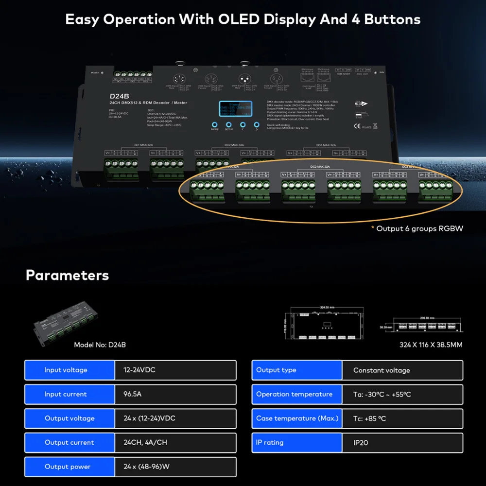 Imagem -06 - Decodificador com Tensão Constante 24 ch Dmx512 Rdm Mestre Dim Cct Rgb Rgbw Modo de Descodificação Selecionável Dmx512 Protocolos Padrão dc 12v 24v