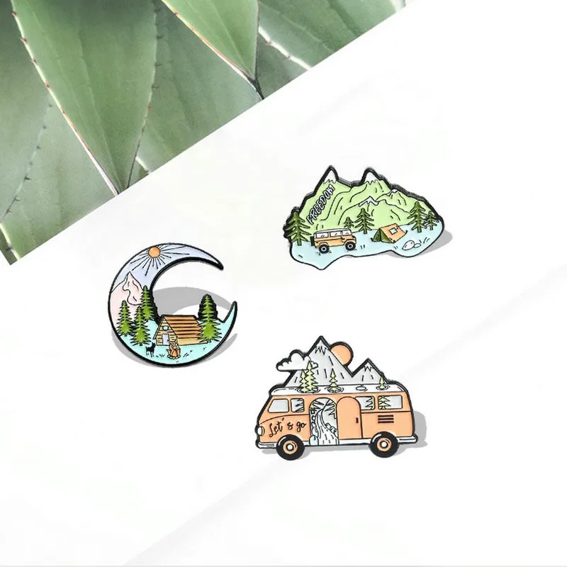 Go Camping Enamel Pins Custom Mountain Moon Tent Motorhome Brooches Shirt Lapel Badge Bag Outdoors Jewelry Gift for Kids Friends