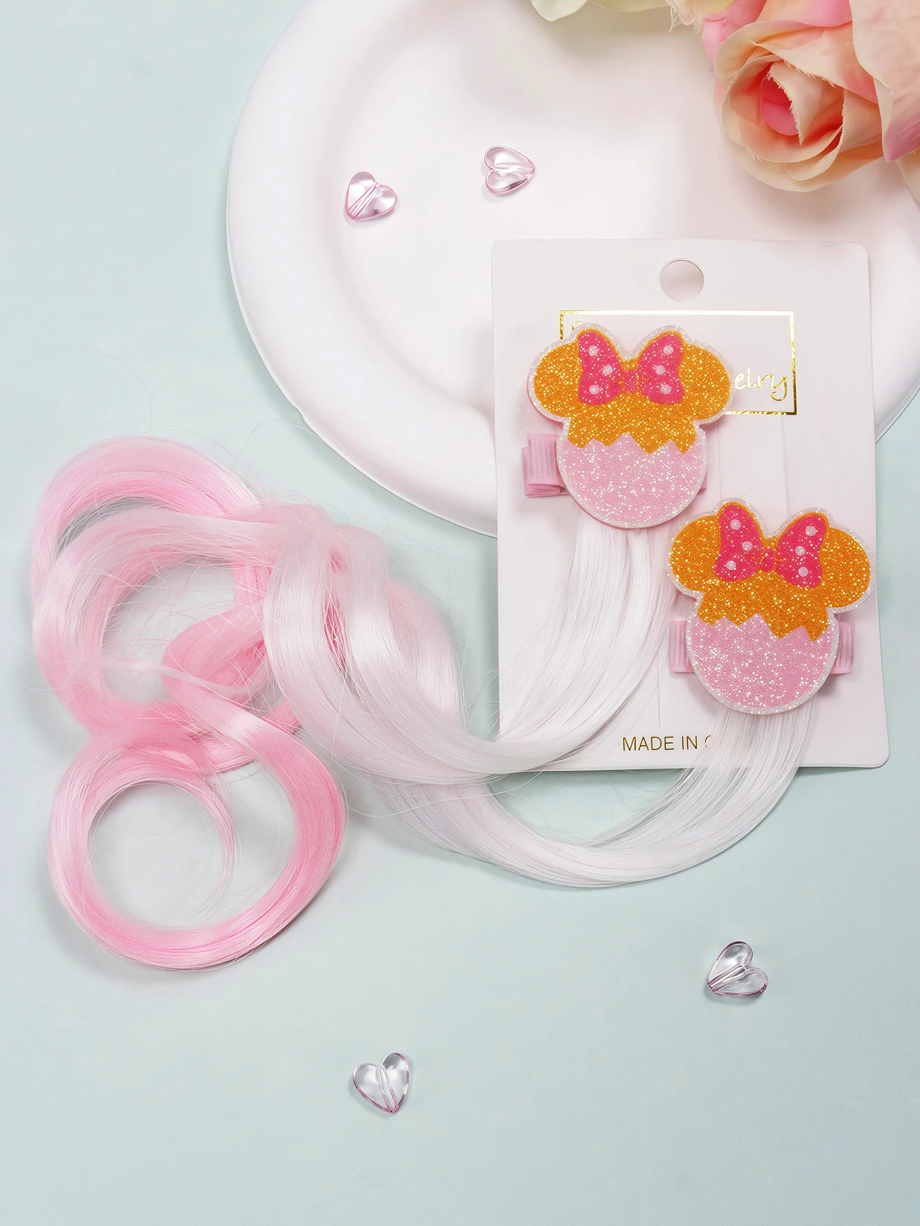 

2-piece set: pink gradient hair braidable hairpin, sequin little mouse hairpin, suitable for daily use and Easter