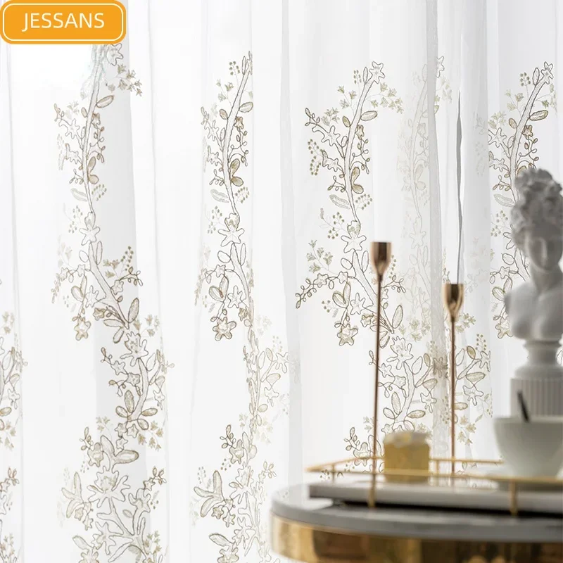 Hoogwaardige Goud Geborduurde Jacquard Venster Scherm Wit Gaas Gordijnen voor Woonkamer Slaapkamer Eetkamer Partitie Gordijn