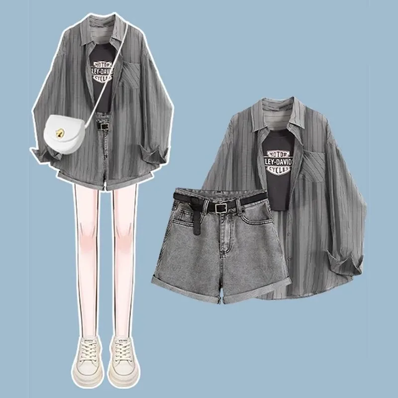 2026 Summer New Sportswear Matching Set Women's Casual Sunscreen Long Sleeved Stripe Shirt+Strap+Denim Shorts Three Piece Suit