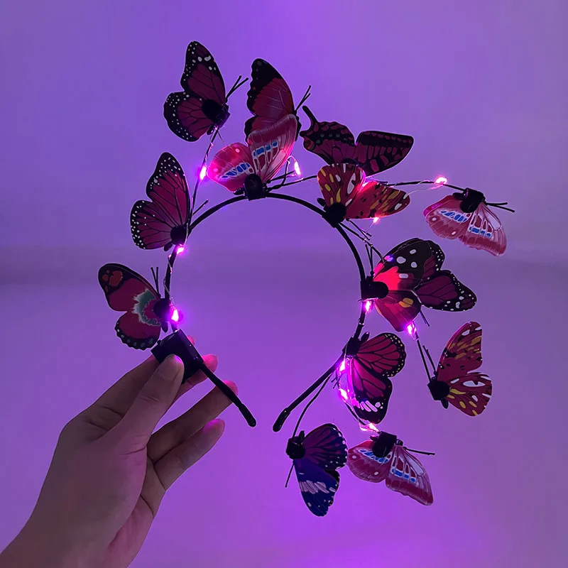 New LED Butterfly Headdress Glowing Light up Fascinator Headband Hair Band Colorful Hair Hoop for Glow Party Wedding Christmas