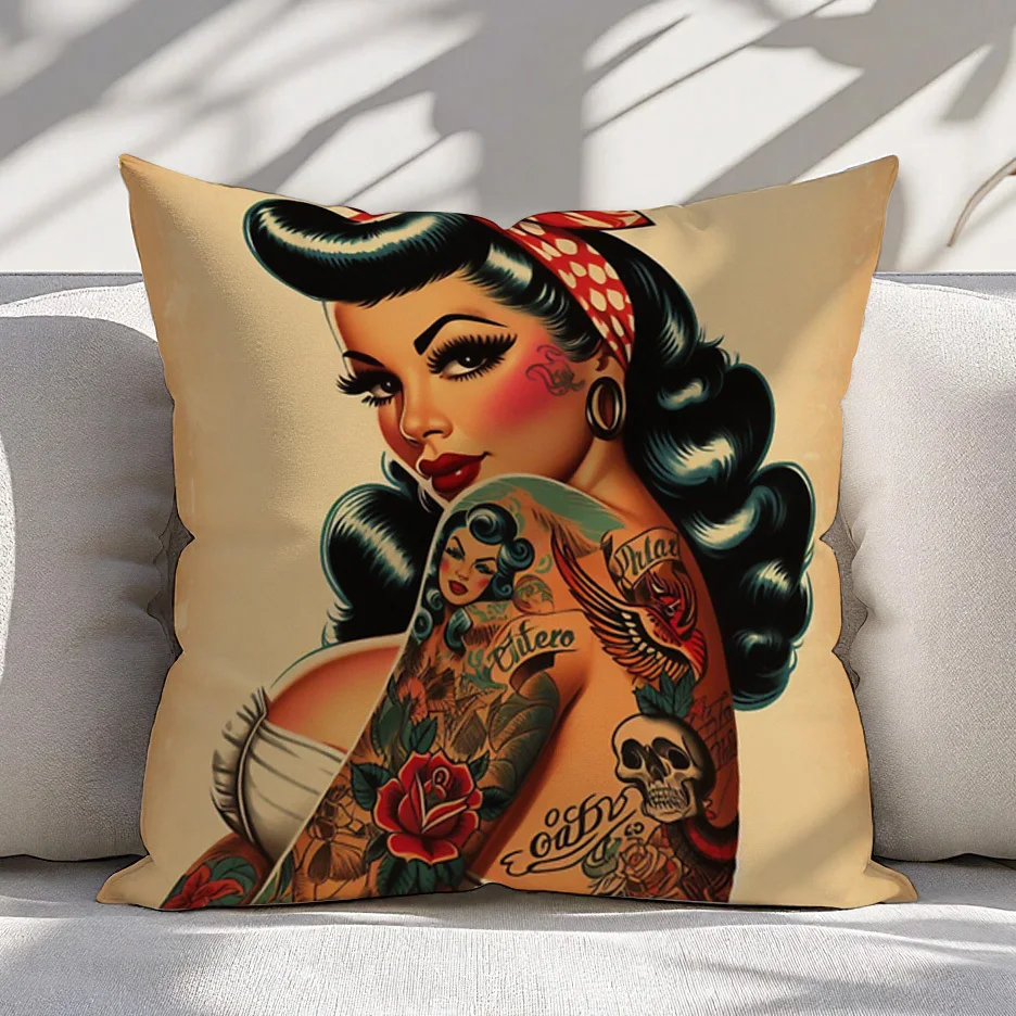 Retro Pinup Art Pillowcase Throw Cushion Cover Vintage Tattoo Rockabilly Aesthetic Square Decorative Pillow