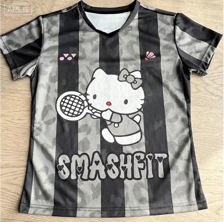 2026 مرحبا كيتي قصيرة الأكمام ثلاثية الأبعاد تي شيرت مطبوع التجفيف السريع الريشة تنفس التدريب الرياضي امتصاص العرق الرجال والنساء