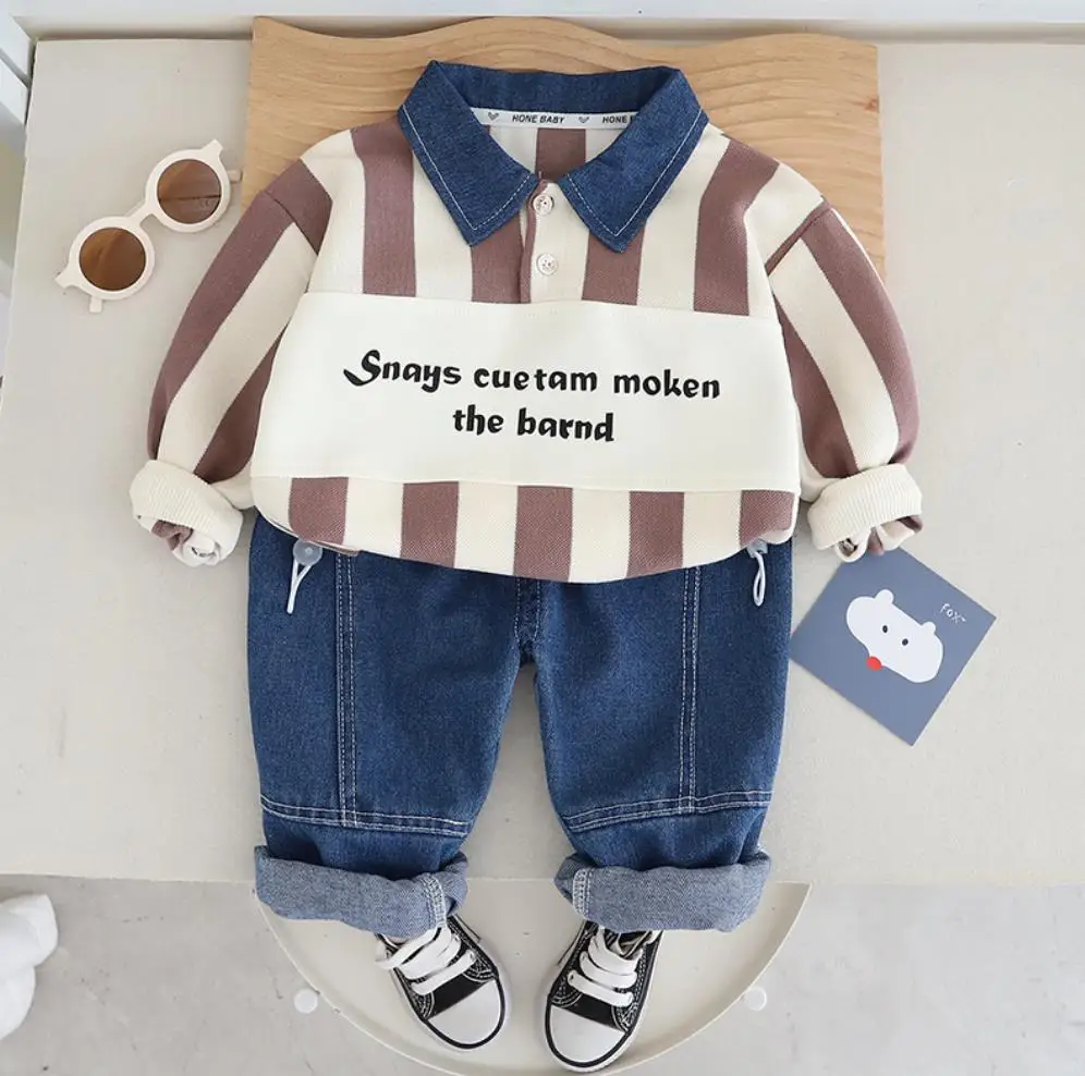 Kids Baby Designer Sets Korean Style Clothes for Boys Monogram Panelled Denim Collar Long Sleeve T-shirts+Pants Toddler Outfits