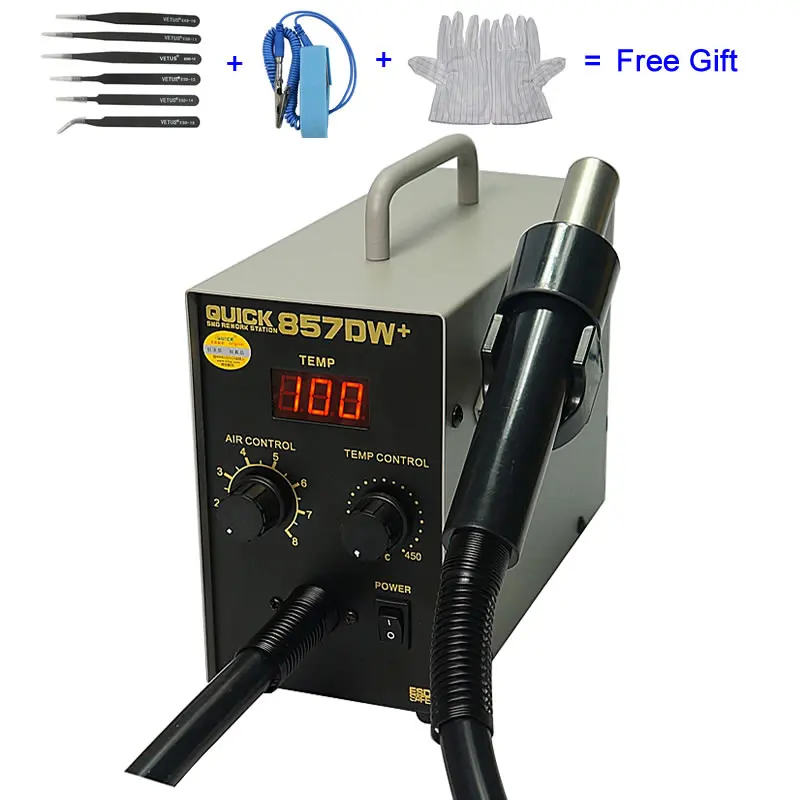 High Quality QUICK 857DW+ 850W Adjustable Hot Air Gun Soldering Station Heater Helical Wind Air Gun SMD Rework Station