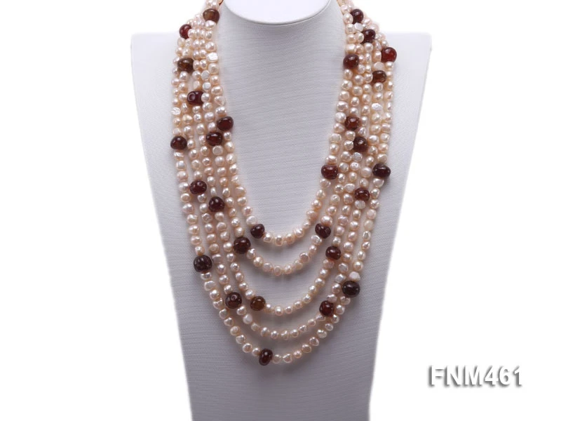 Terisa Pearl Jewelry 5 strand pink Freshwater Pearl and Red Agate Necklace with Sterling Sliver Clasp for Women T-FNM461