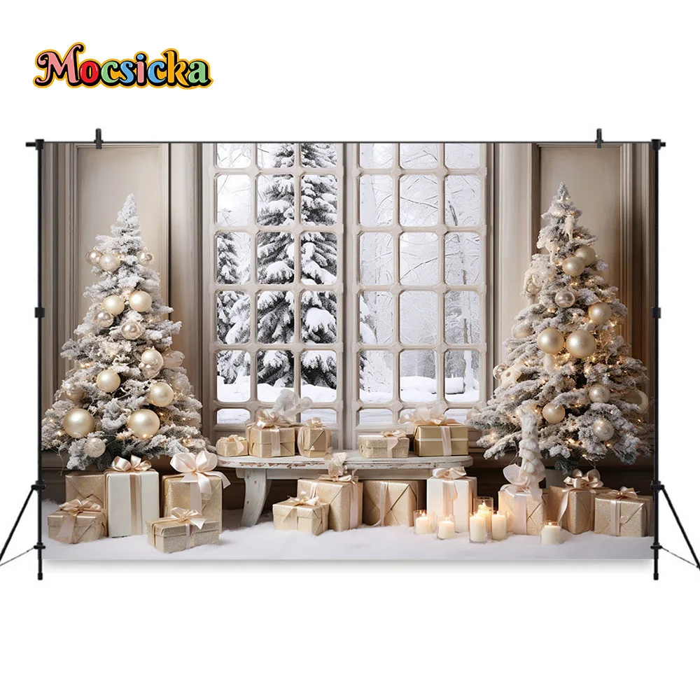 Fondo de decoración de puerta blanca Retro de Navidad, árbol de Navidad, regalo, velas, ventana, zona de fotografía, telón de fondo, retrato familiar, estudio fotográfico