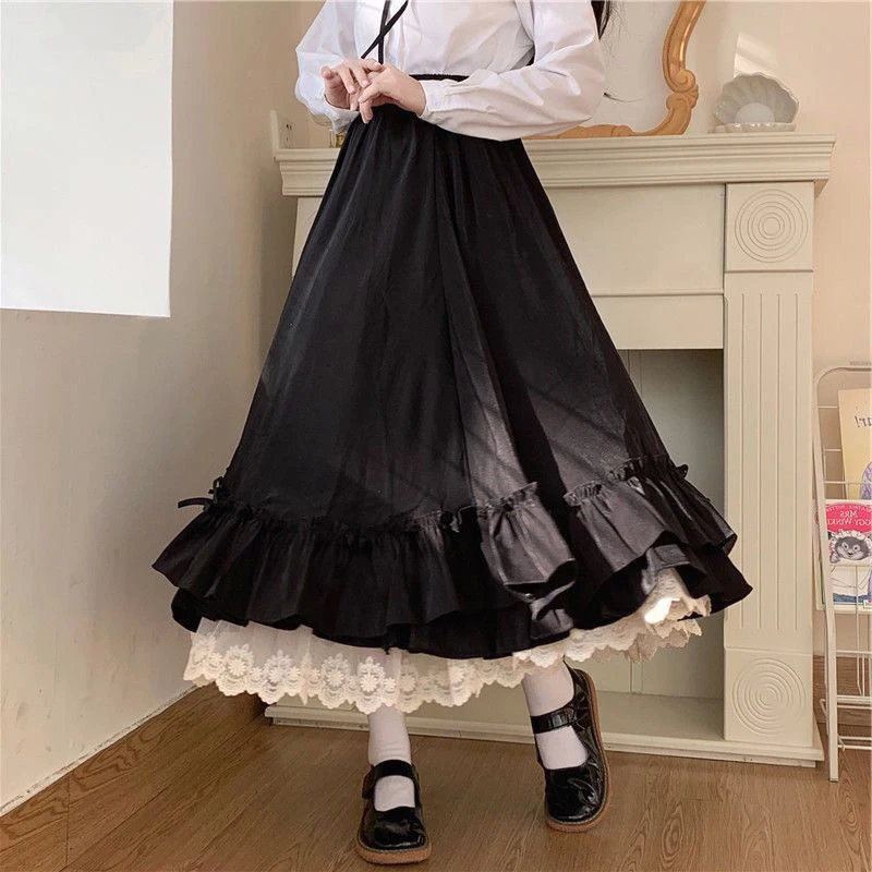 Japanese Fashion Sweet Lace Midi Skirt Women High Waist Ruffle Hem Bow Solid Color Skirt Autumn Cute Casual Elegant Chic Outfit