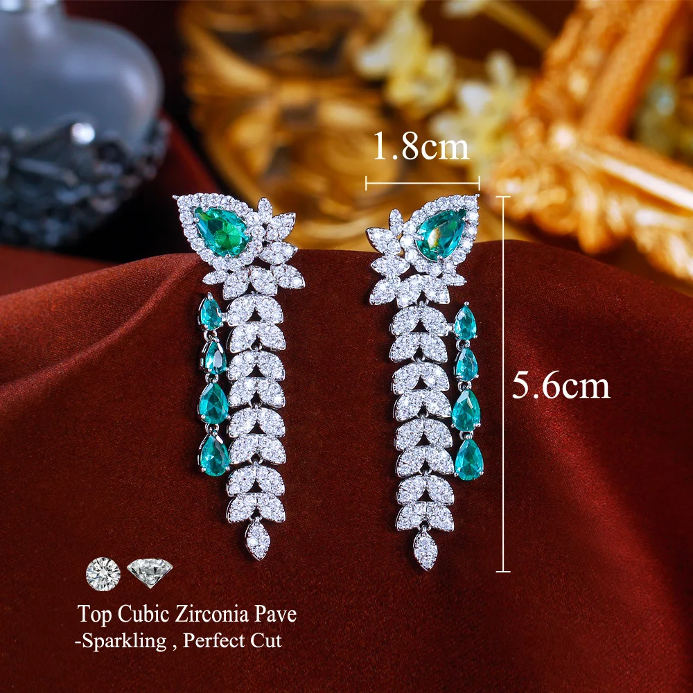 CWWZircons Elegante grüne CZ-Blumen-Wassertropfen-Ohrringe, lange Hängeohrringe für Damen, schöner Schmuck für Hochzeiten und Partys, Geschenk, Großhandel E1159 – Detail 3