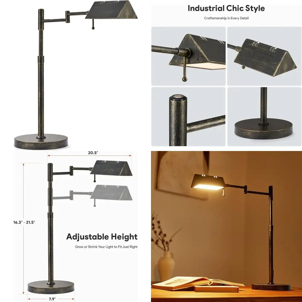 

Регулируемая металлическая настольная лампа с регулируемой яркостью, винтажный черный цвет, для чтения, гостиной или офиса