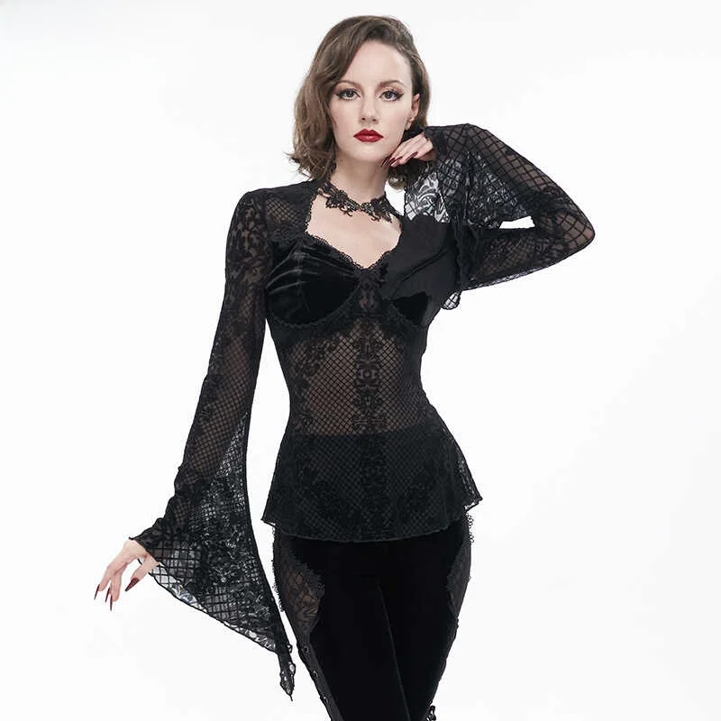 

EVA LADY Gothic Long Sleeve Women's T-shirt Velvet Print Sexy Street Punk Style Polyester Spandex Blend Slim Fit Commute Style