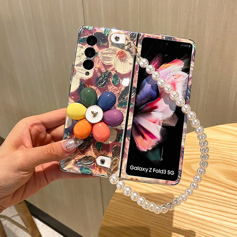 다채로운 해바라기 브래킷 걸이 손목 체인 진주 팔찌 전화 케이스, 삼성 갤럭시 Z 폴드 5 4 3 블루 레이 플라워 IMD 커버