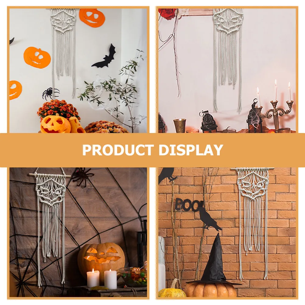 Macrame Skull Wall Art Bohemia Style Woven Tapestry Hanging Decor with Lanyard for Home Bathroom Garden Coffee Shop Macrame Wall