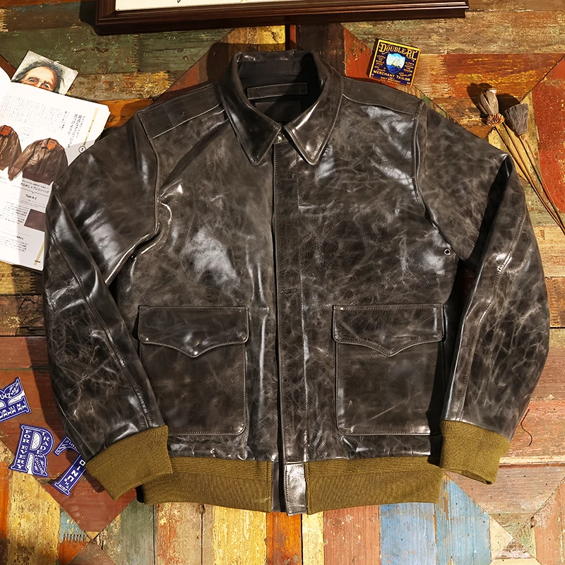 Blunt Razor Head Layer Fetal Cowhide A2 Air Force Flight Suit Jacket Glass Grain Leather Men's Short Casual Vintage Jacket