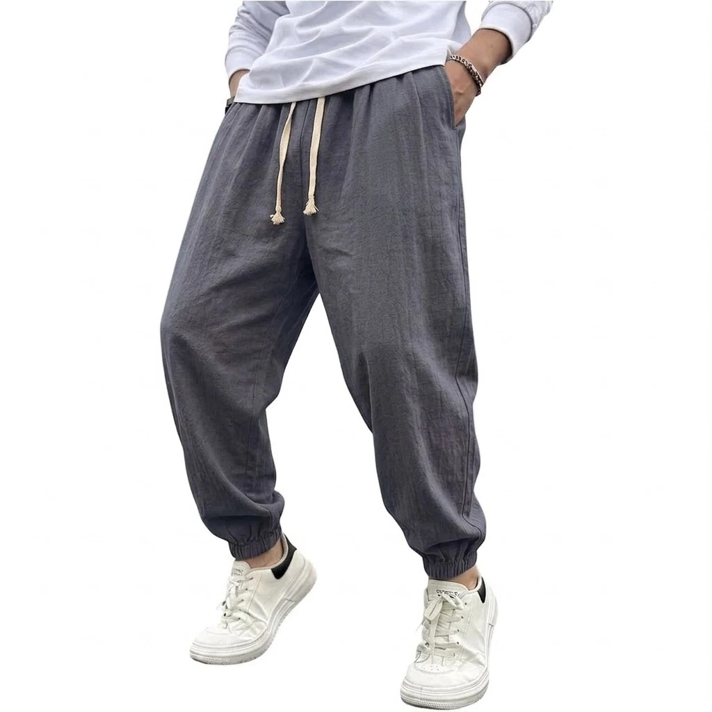 Mens Cotton Harem Pants Solid Casual Jogger Trousers Breathable Loose Fit Bottoms for Yoga Hiking Gym Sports and Daily Work Wear