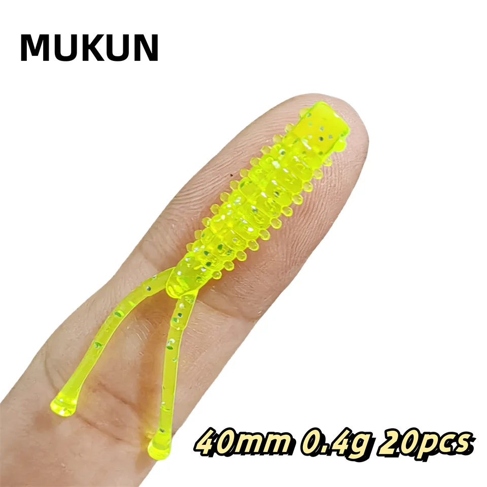 MUKUN 20PCS Micro Soft Fishing Lure 0.4g/40mm Rock Fishing Bait Soft Worm Wobbler Artificial Fishing Accessories