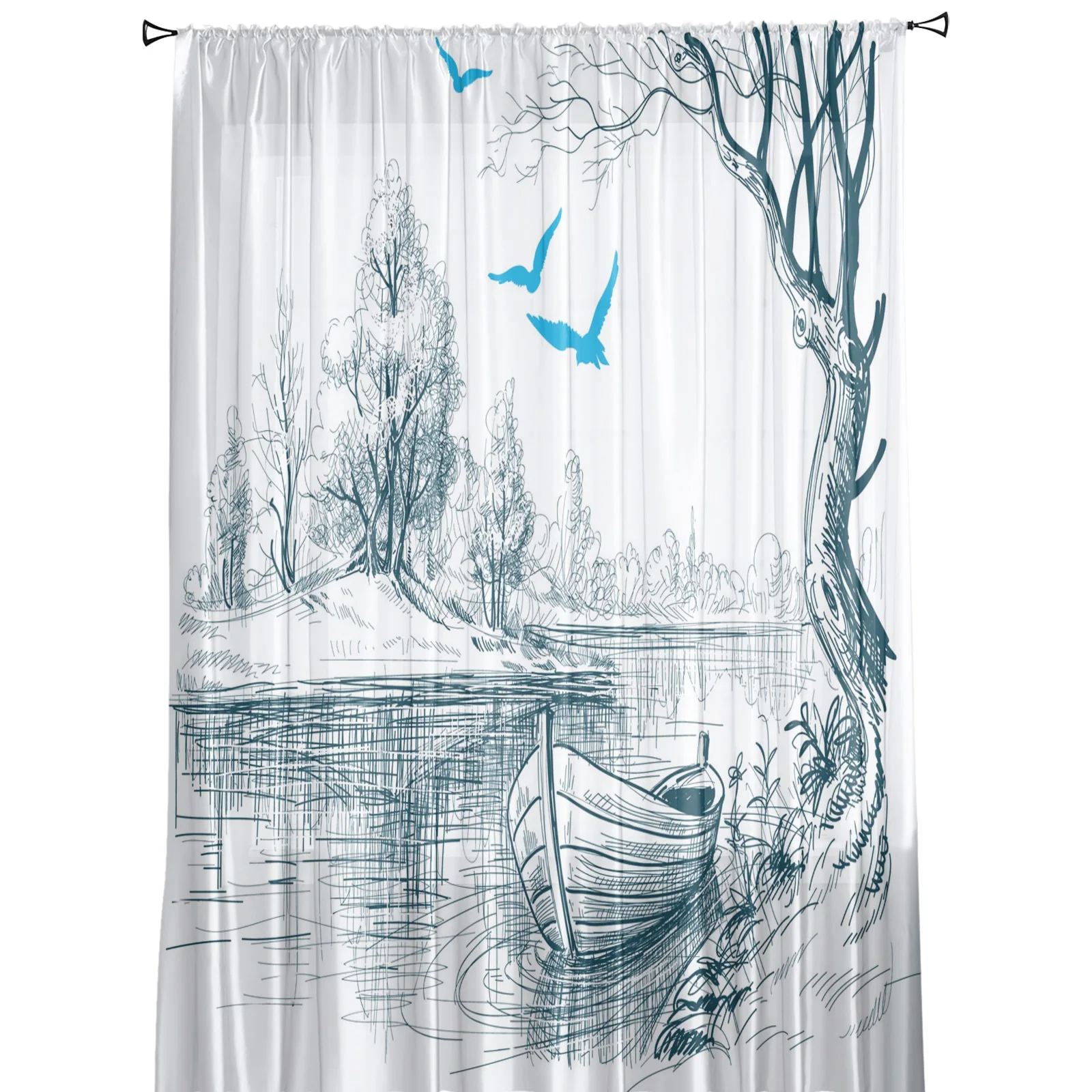 Riverside Boat Tree Flying Bird Illustration Tulle Sheer Window Curtain for Living Room Bedroom Voile Decorative Curtains Drapes