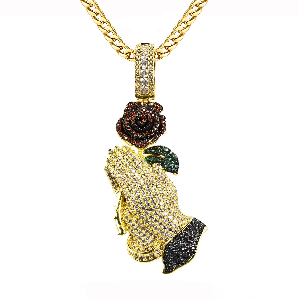 VANAXIN Iced Out Rose Flower Pendant Praying Hands Necklaces for Women Cubic Zirconia Elegant Jewelry Accessories Gifts