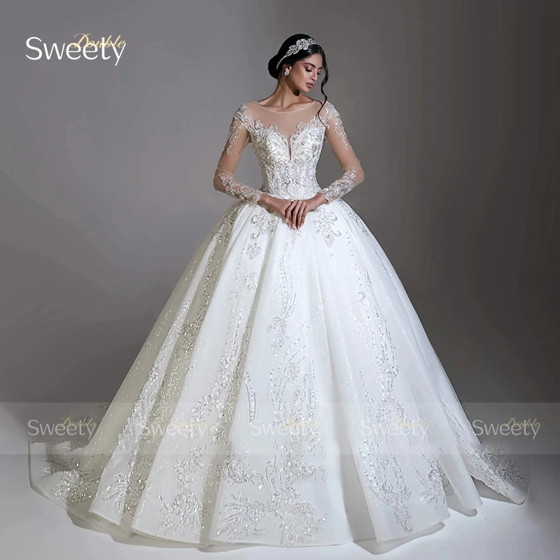 우아한 웨딩 드레스 오간자 자수 스팽글 볼 가운 풀 슬리브 O넥 맞춤형 신부 드레스 버튼 베스티도 데 노비아