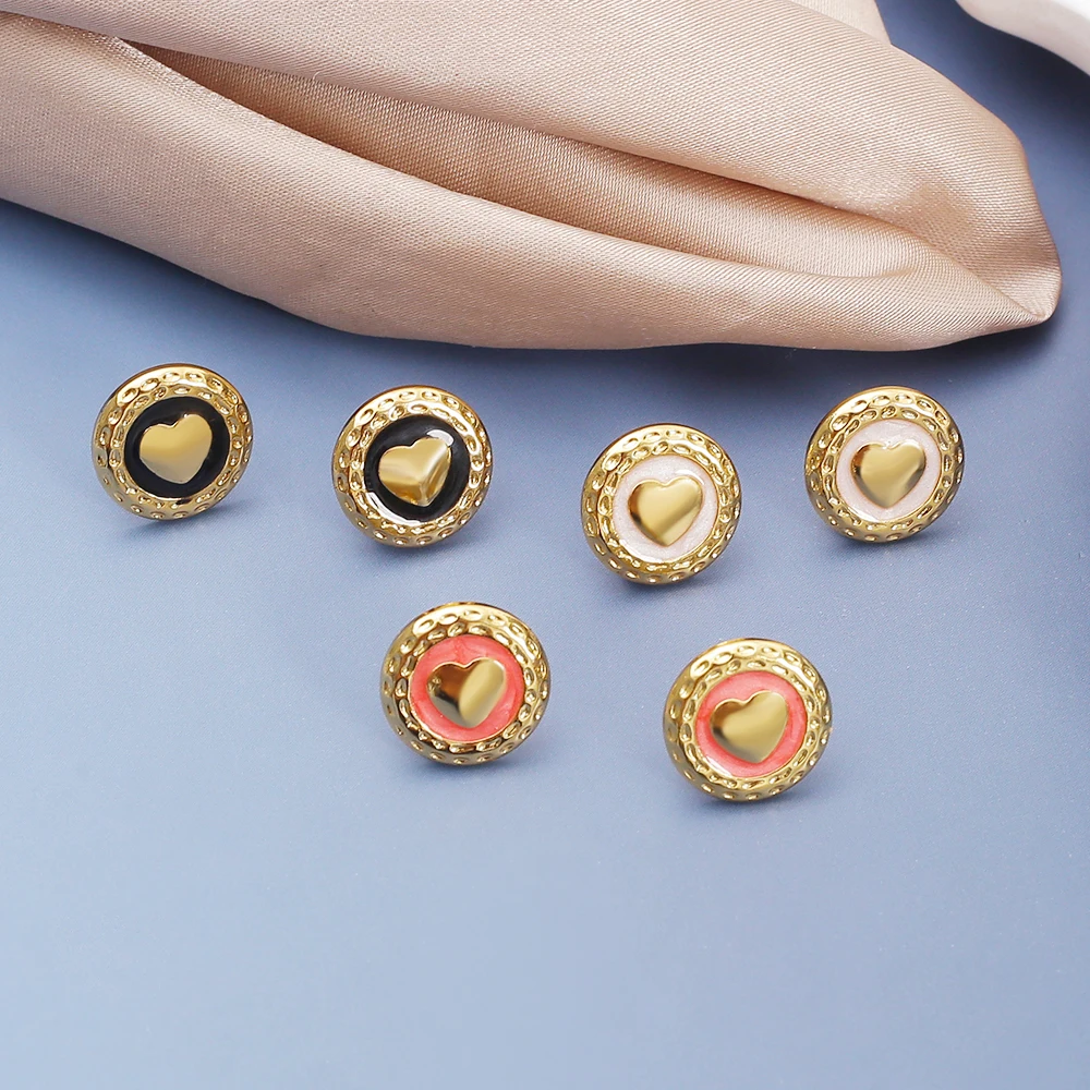 Gold Color Heart Stud Earrings Stainless Steel For Women Vintage Elegant Glazed Design Exquisite Small Metal Daily Wear Jewelry