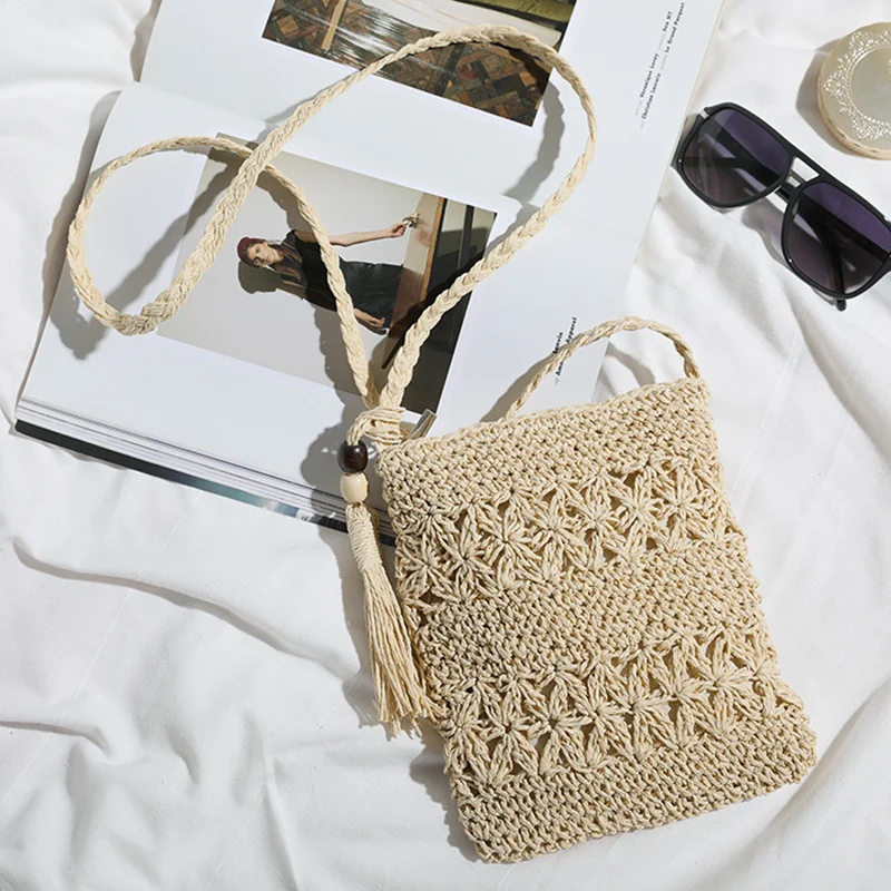 New Women Beach Woven Straw Shoulder Messenger Bag With Tassel Boho Hollow Out Crochet Crossbody Handbag Macrame Clutch Purse