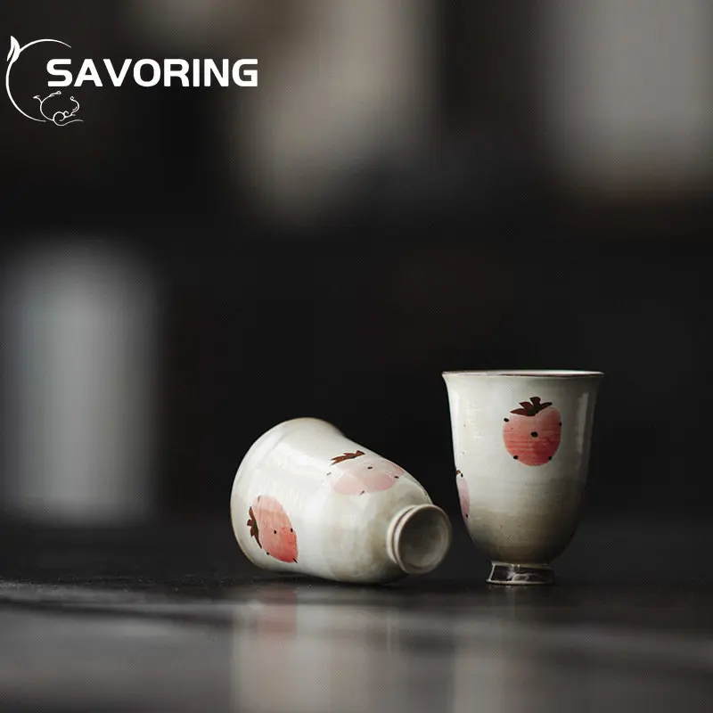 2pc/Set Hand-painted Strawberry Ceramic Tea Cup Japanese Powder Cited Small Master Cup Tall Juxiang Cup Kung Fu Tea Set 30ml