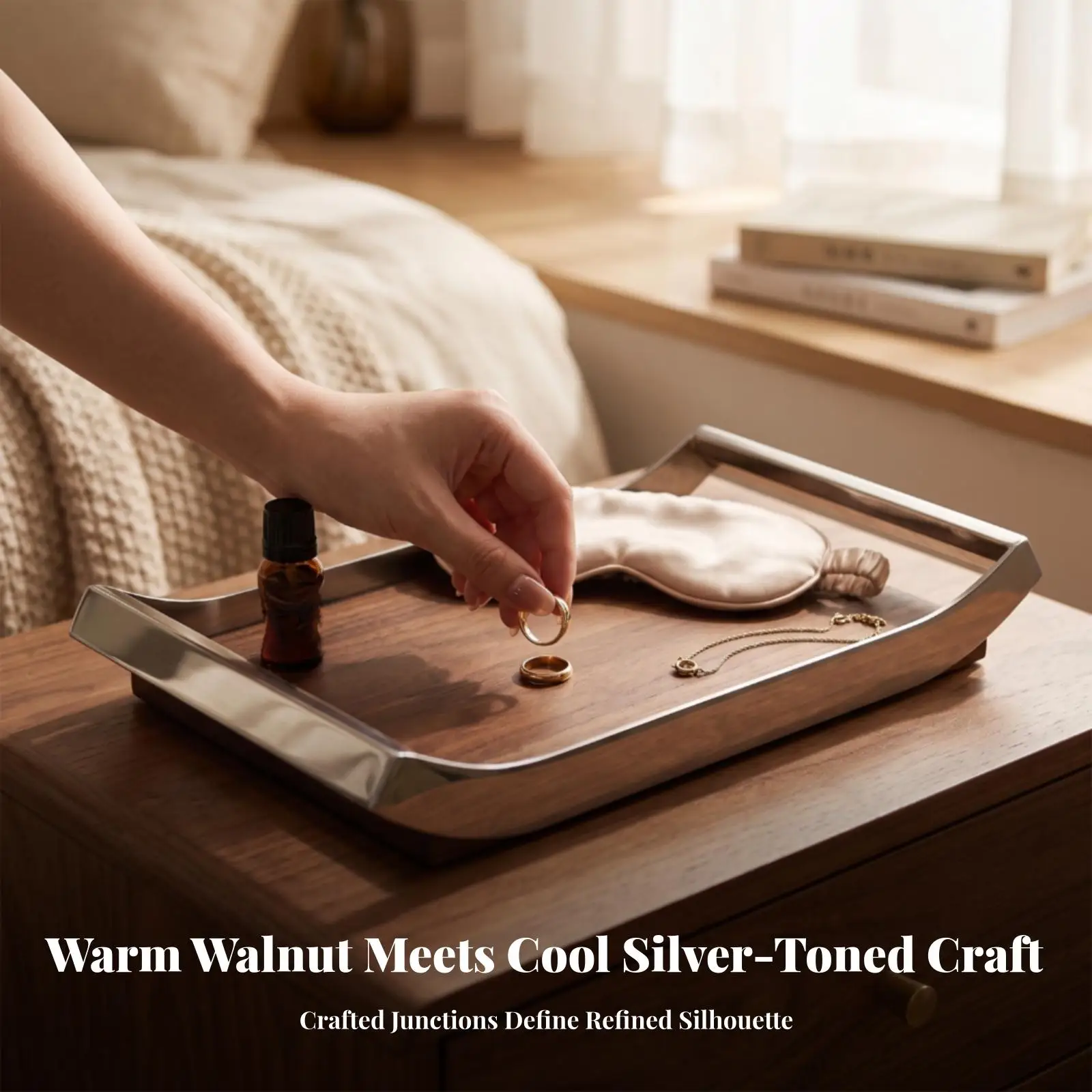 Stainless Steel Tray with Wood Base | Rectangular Geometric Design, Polished, Serving Tray with Handles, for Coffee Table