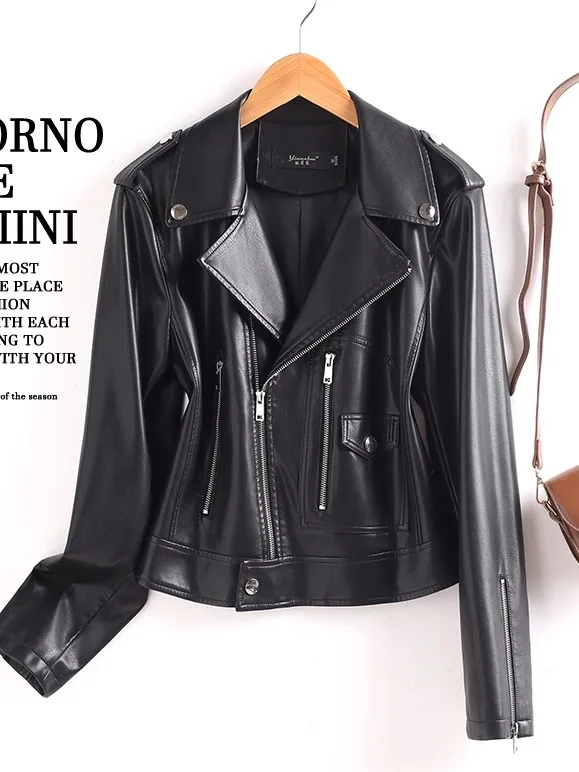 Real Leather Biker Jaet Women's ort Sle eepskin Coat Bla Retro Design Commute Faion Small Size Friendly