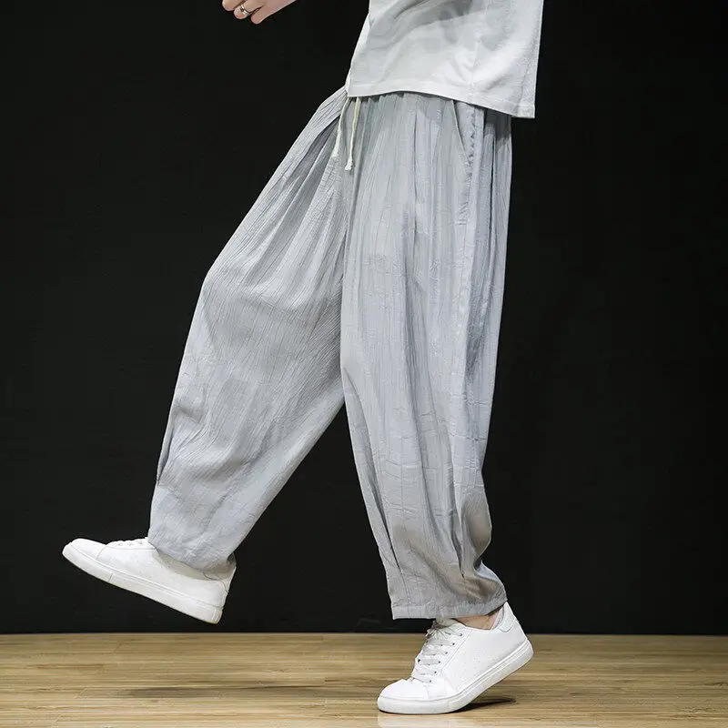 

Summer New Chinese Sle Thin Harlan Pants Men's Tight Leg Wrinkle Face Buddha System Thi Leg Wide Leg Pants plus Size