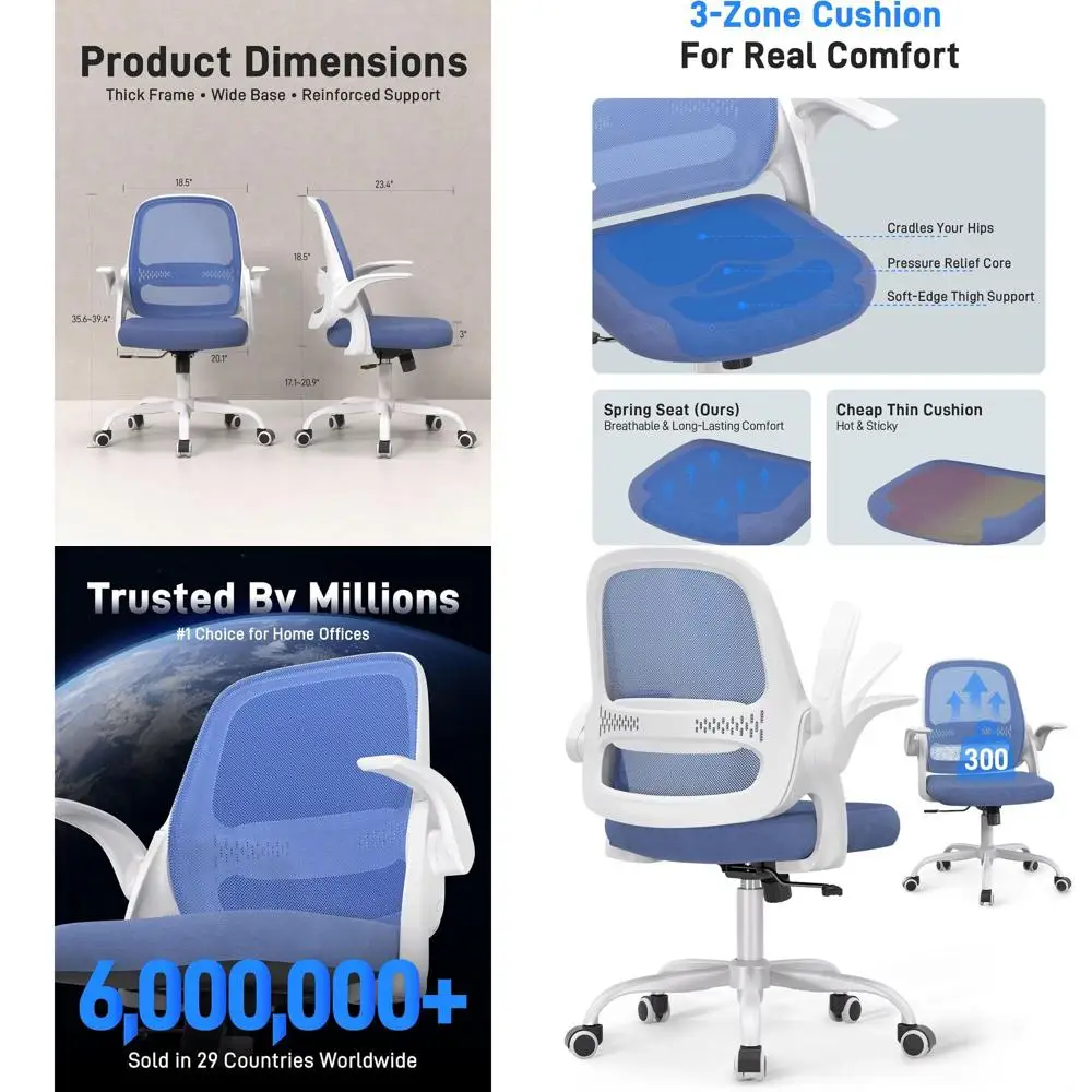 

Эргономичное кресло с дышащей сеткой и откидными подлокотниками, синее сиденье, белая рама, выдерживает до 300 фунтов.