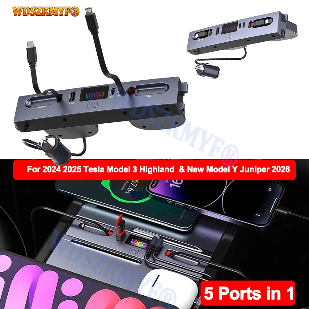 

For Tesla Model 3 2024-25 / 2025 Model Y 65W USB Shunt HUB 5 IN 1 Intelligent Docking Station Car Adapter Powered Fast charging