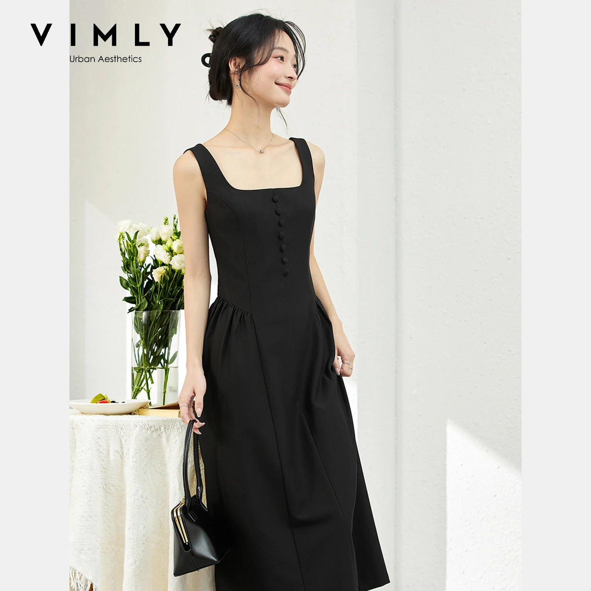 VIMLY Black French Square Neck Suspender Dress 2025 Woman Autumn Sleeveless Waist Vest Buttons Waist Long Ladies Dress A1709