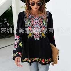 Women's Embroidery Blouse Ethnic Style Stitching Long Sleeve Loose Bohemian Chic Plus Size Causal Floral Shirt for Ladies Tunic