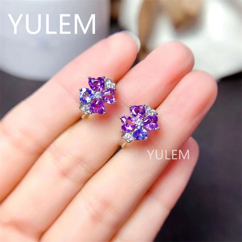 Luxurious Long Sun Flower Natural Blue Tanzanite and amethyst Ear Clip Drop Earrings 925 Silver Natural Gemstone Earrings Women view 4