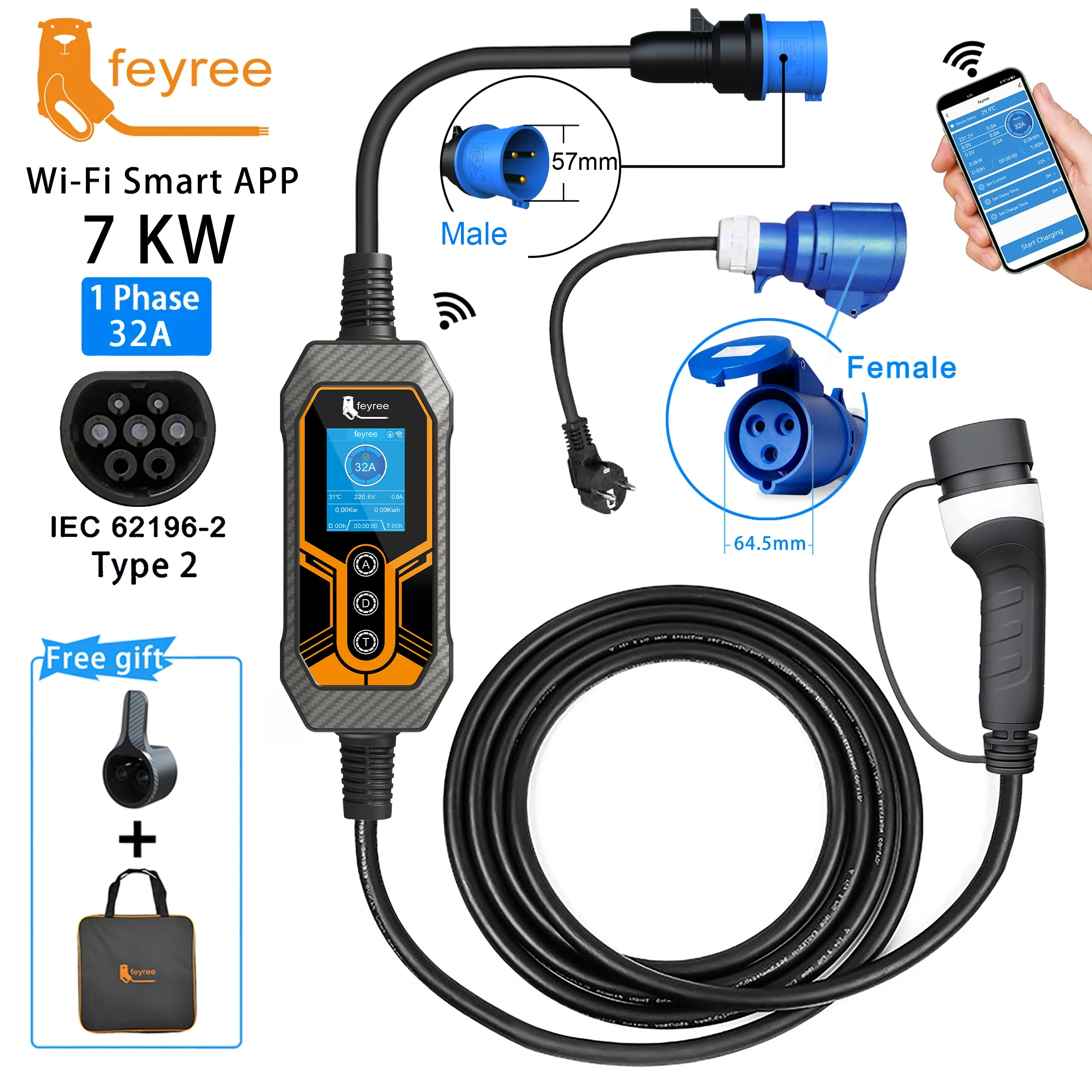 feyree Portable EV Charger Type2 32A 7KW EVSE Adjustable Current Smart Timing Charging Wi-Fi APP Control for Home & Outdoor Use