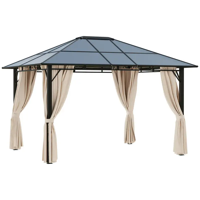 

10' x 12' Outdoor Hardtop Gazebo with Polycarbonate Panel Roof, Garden Deluxe Pavilion Canopy BBQ Sunshade Shelter with Removable Curtains