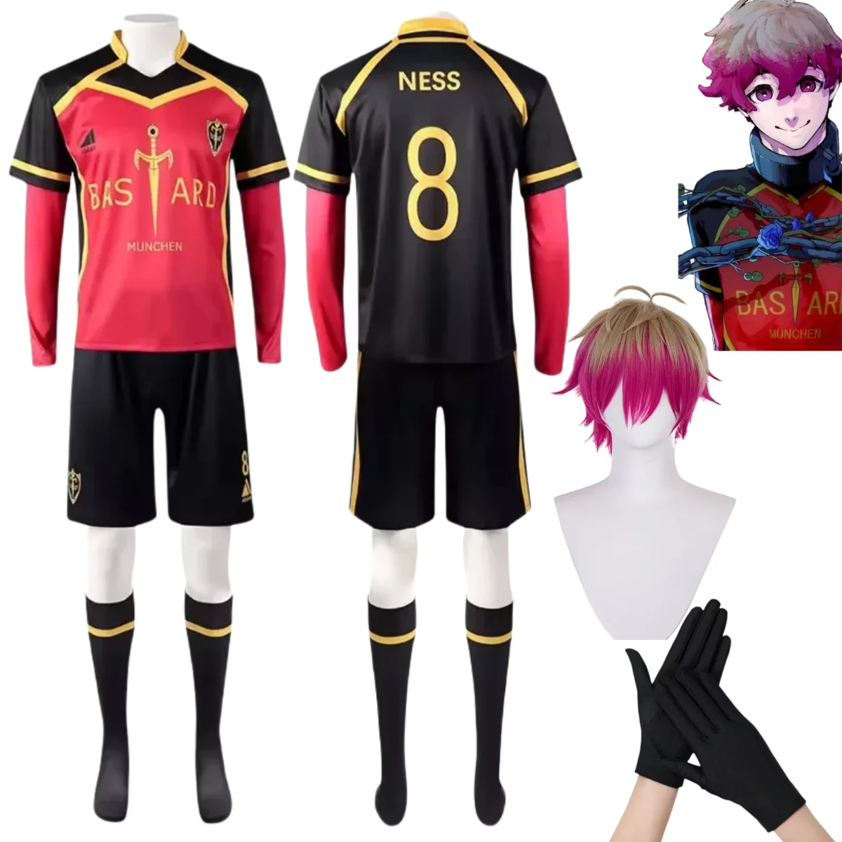 Disfraces de cosplay de Anime Ness, pelucas de Alexis Ness, camiseta de fútbol del equipo Bastard Munchen # Conjunto de Uniforme de Fútbol 8 Ness para Hombre