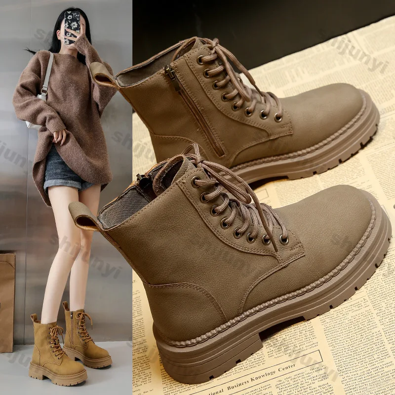 Women Brown Platform Combat Boots Autumn Winter Lace Up Zipper Ankle Boots Woman Thick Sole Faux Suede Motorcycle Botas Mujer