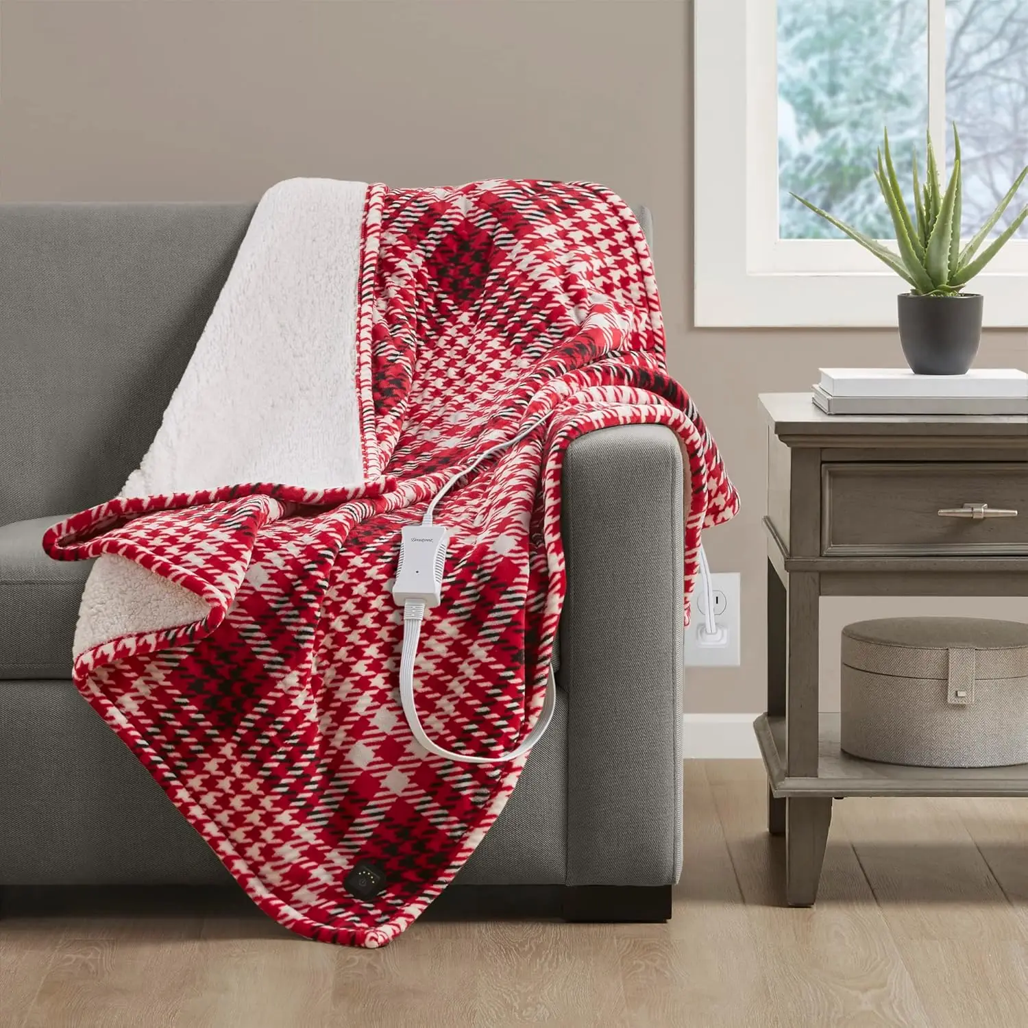 

Двустороннее электрическое одеяло из шерпы с автоматическим отключением, 5 режимов нагрева, сертифицировано UL, можно стирать в машине, дизайн в красную клетку