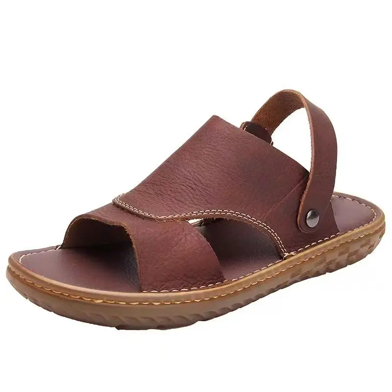 2024 Men's Summer Leather Big Size Flat Sole Sandal Soft Sole Non Slip Open Toe Dual Purpose Outdoor Beach Slippers Sandals