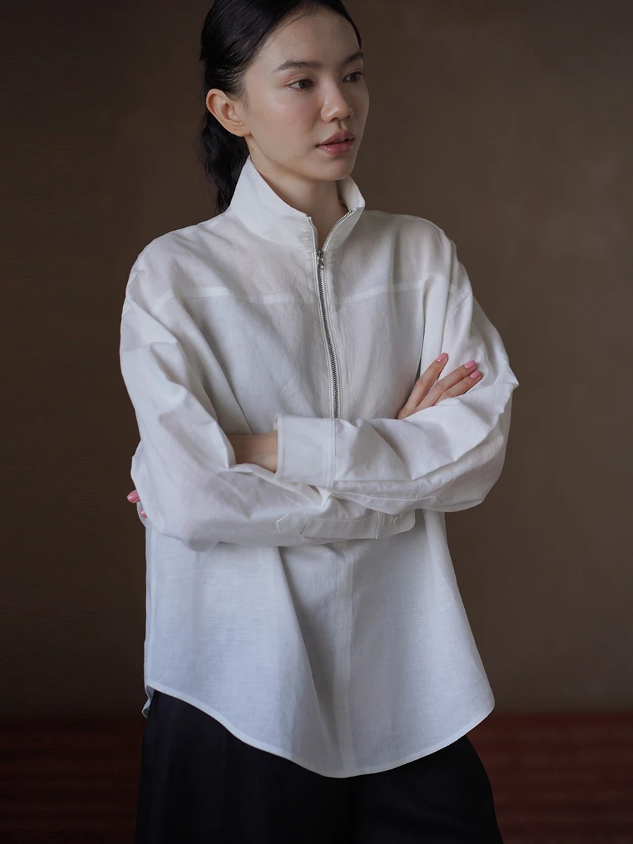 

Slimming Effect Linen Cotton Loose Long Sleeve Stand Collar Shirt for Women Breathable Comfortable Simple Style Daily Wear