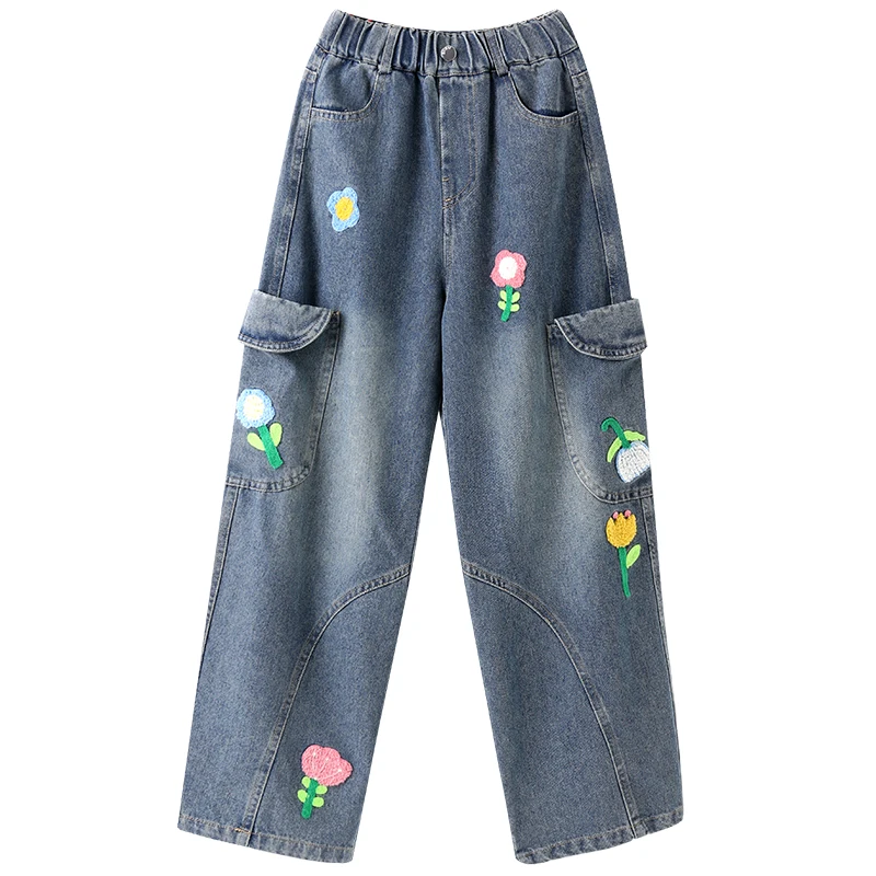 جينز منحني واسع الساق للفتيات على الموضة الراقية مع تطريز الأزهار للأطفال سروال دينم فضفاض غير رسمي على شكل زهرة 5 6 7 8 9 11 14 Y #5