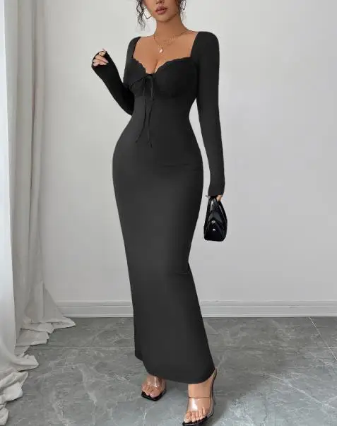 

Women's Elegant Temperament Solid Color Lace Hip Dress Long Sleeve Autumn Winter 2025 Fashion Casual Maxi Dress