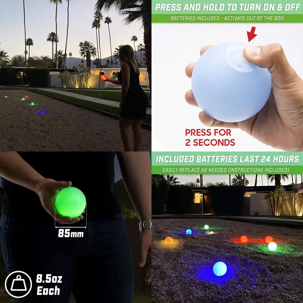

LED Bocce Ball Game Set - Includes 8 Light Up Bocce Balls, Pallino, Case and Measuring Rope - Choose 85 mm or 100 mm