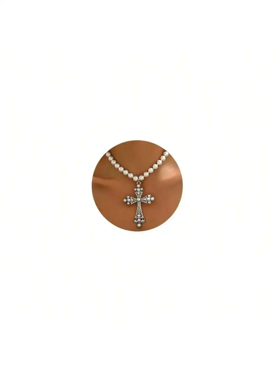 

Pearl Cross Pendant Necklace For Women Gothic Punk Chunky Long Chain Dangle Statement Jewelry