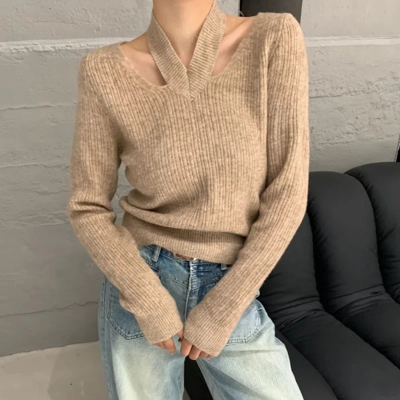 Spring Autumn New Solid Color V-neck Long Sleeve Sweater Women High Street Hollow Out Slim Pullovers Elegant Comfortable Tops