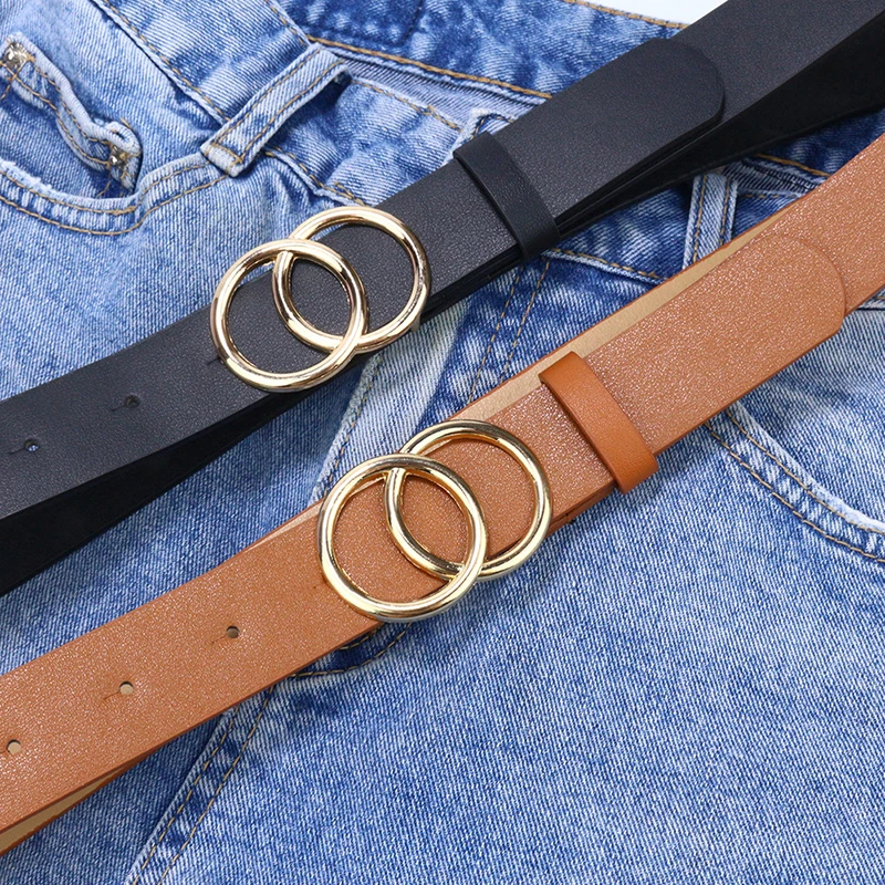 5 Colors Double Loop Denim Belts For Women Girls Fashion PU Metal Heart Pin Belt Dress Jeans Waistband Clothing Accessories