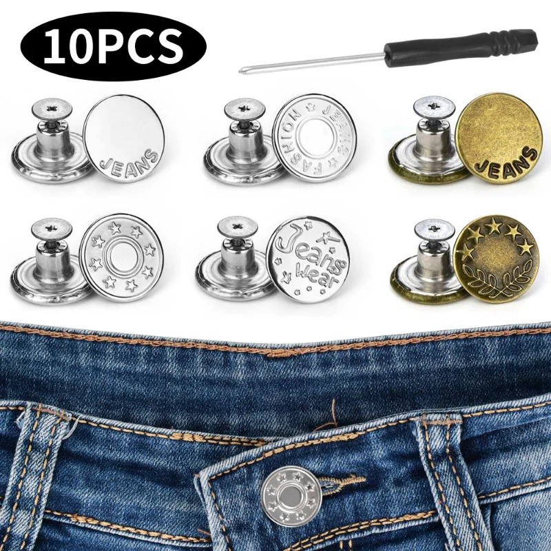 10pcs Seam-free Jeans Alloy Screw Type Buttons Snap Fastener Nail Free Waist Detachable Adjustable Waist Buttons For Kids Adult